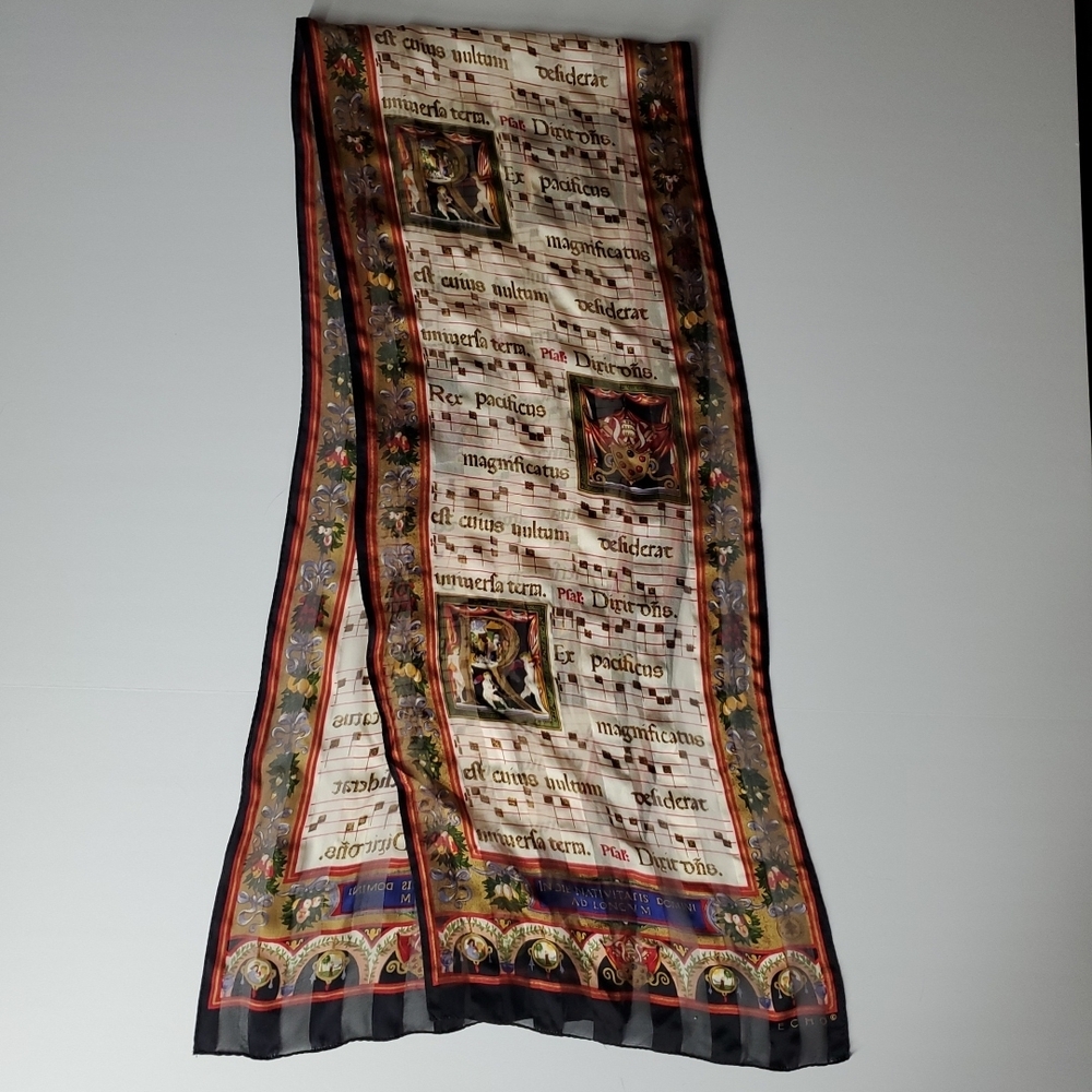 Echo Black Silk-Feel Printed Scarf with Red, Gold & Green Accents